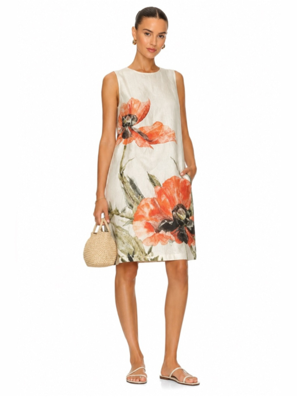 Sleeveless Floral Linen-Blend Shift Dress - Ivory with Orange Poppy Print